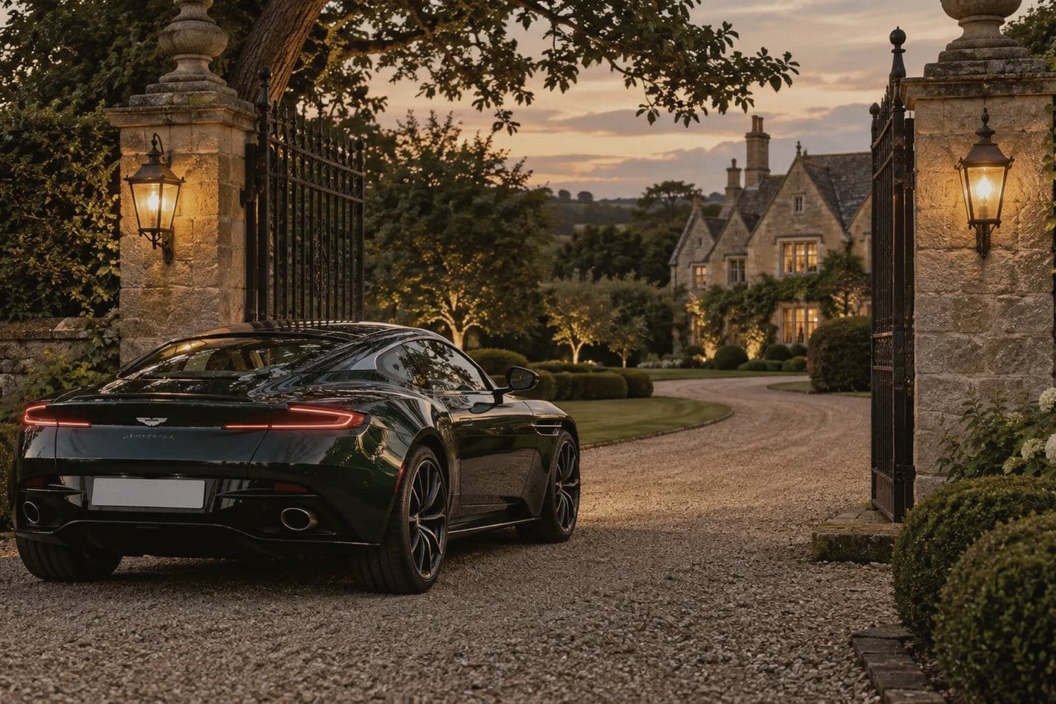 Sports cars on the private drive of a Cotswolds country house hotel, the gates open ahead of them
