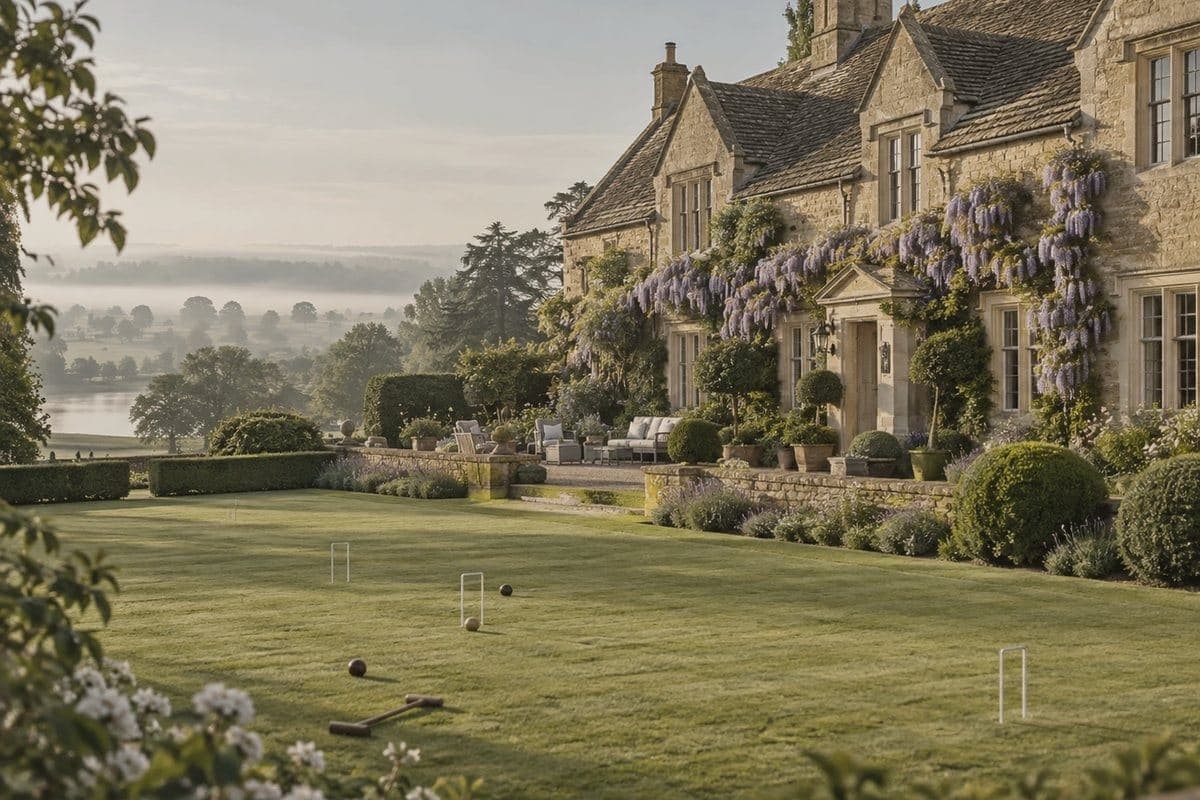 A Cotswolds country house hotel at dusk, cars on the gravel sweep