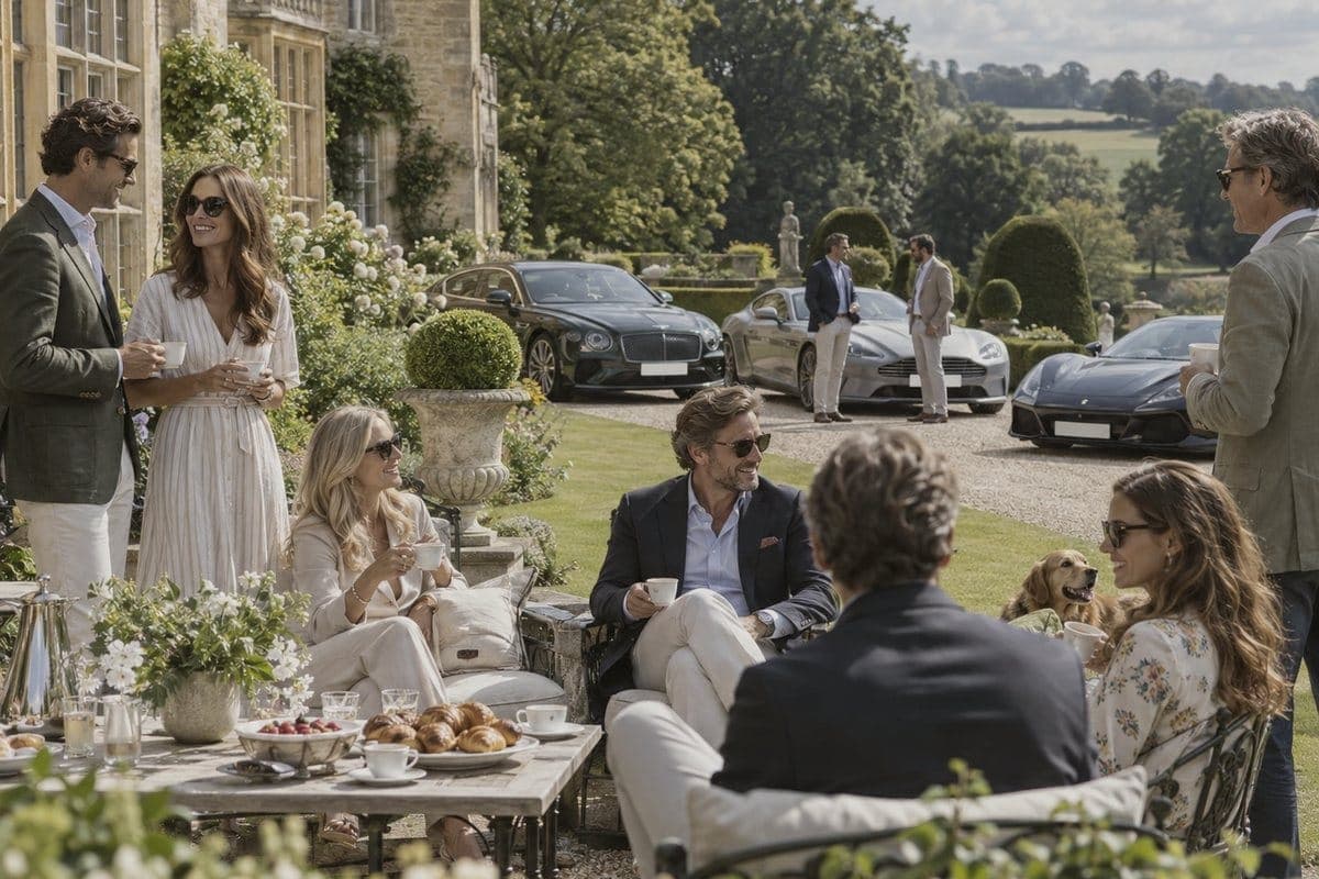 Cars parked together on the lawn of a country house hotel
