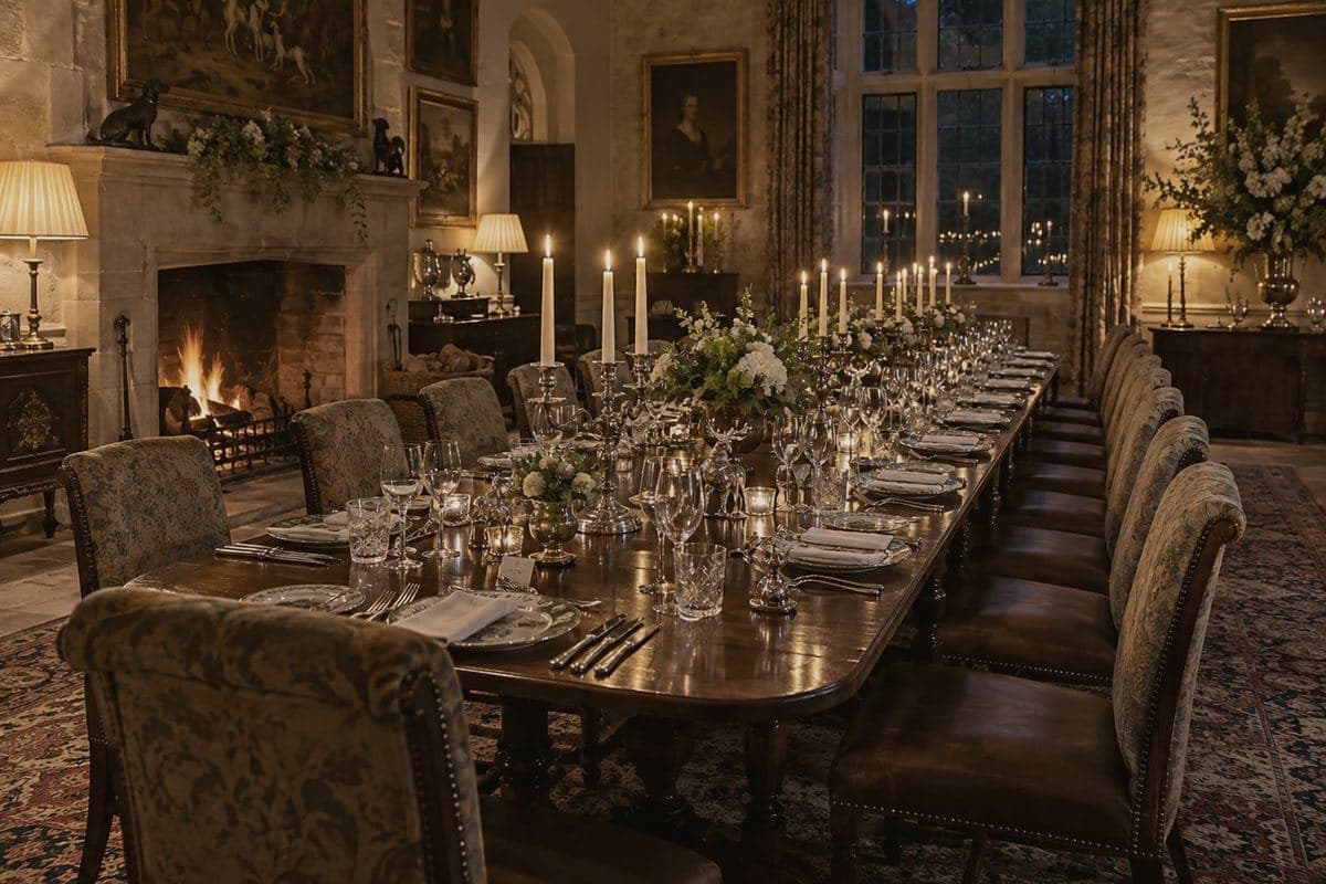 A long table laid for dinner in a country house hotel dining room